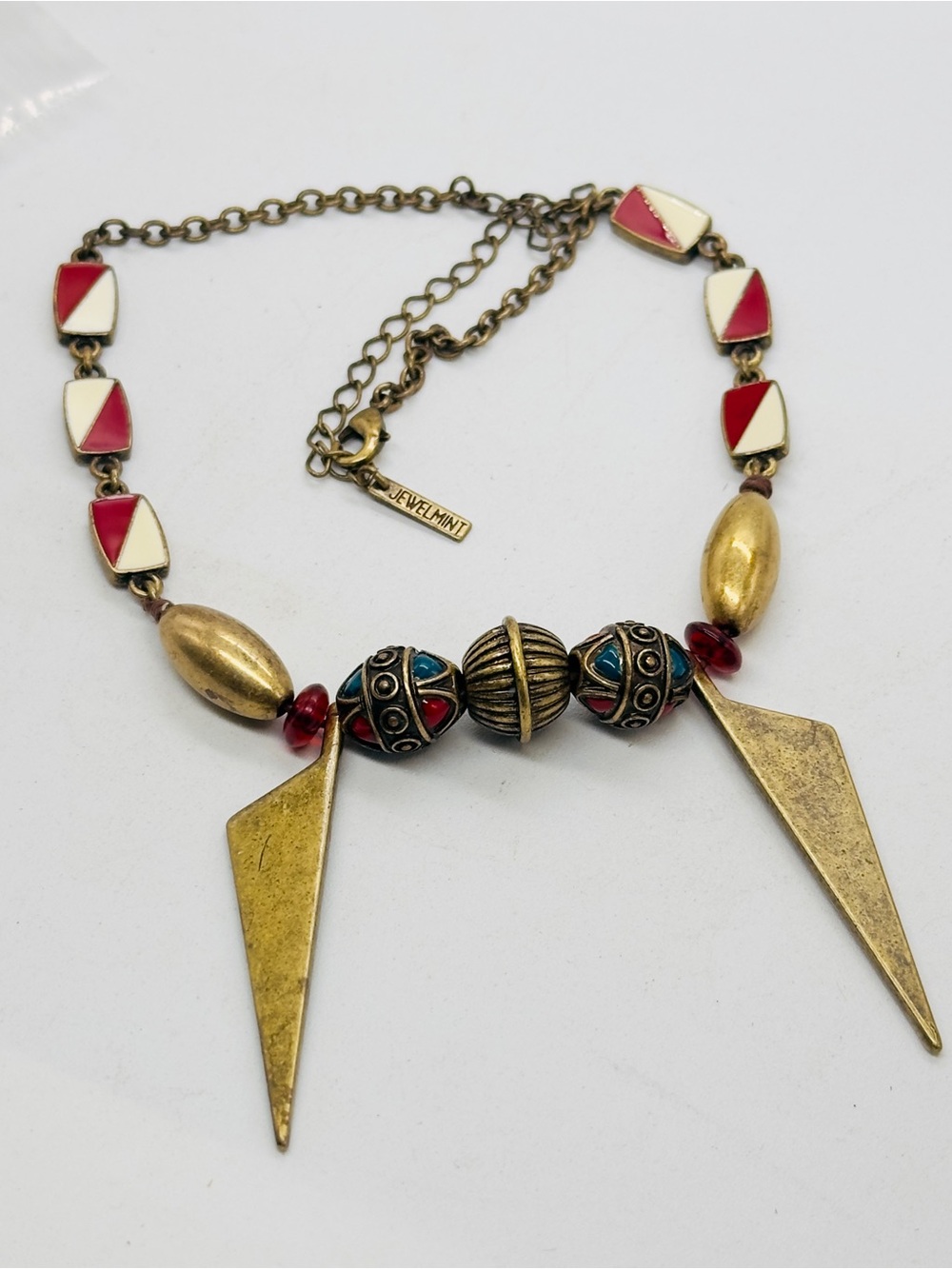 Jewelmint Urban Tribe Necklace Brass Gold Tone Enamel Red White Turquoise Spike